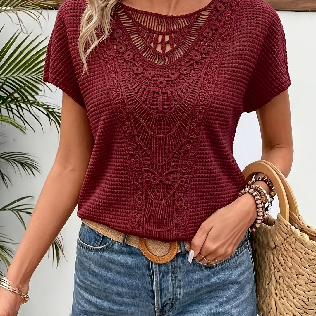 Women's Lace-paneled Waffle Short-sleeve T-shirt