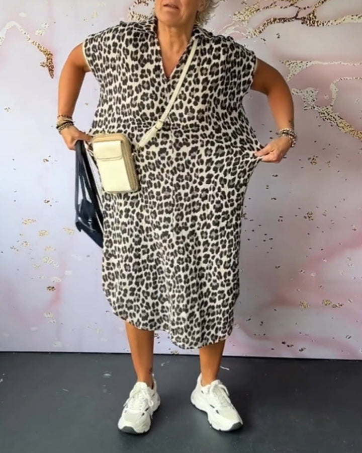 Short-Sleeved V-Neck Leopard Print Dress