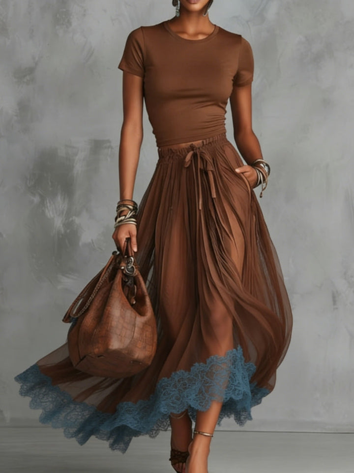 Brown-Blue Lace Tulle Skirt Set