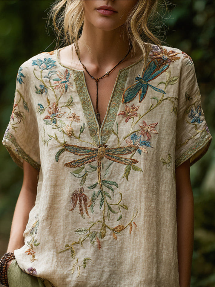 Boho Dragonfly Embroidered Linen Blouse