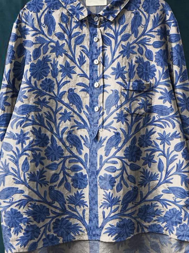 Women's Indian Art Floral Vintage Print Casual Cotton And Linen Shirt