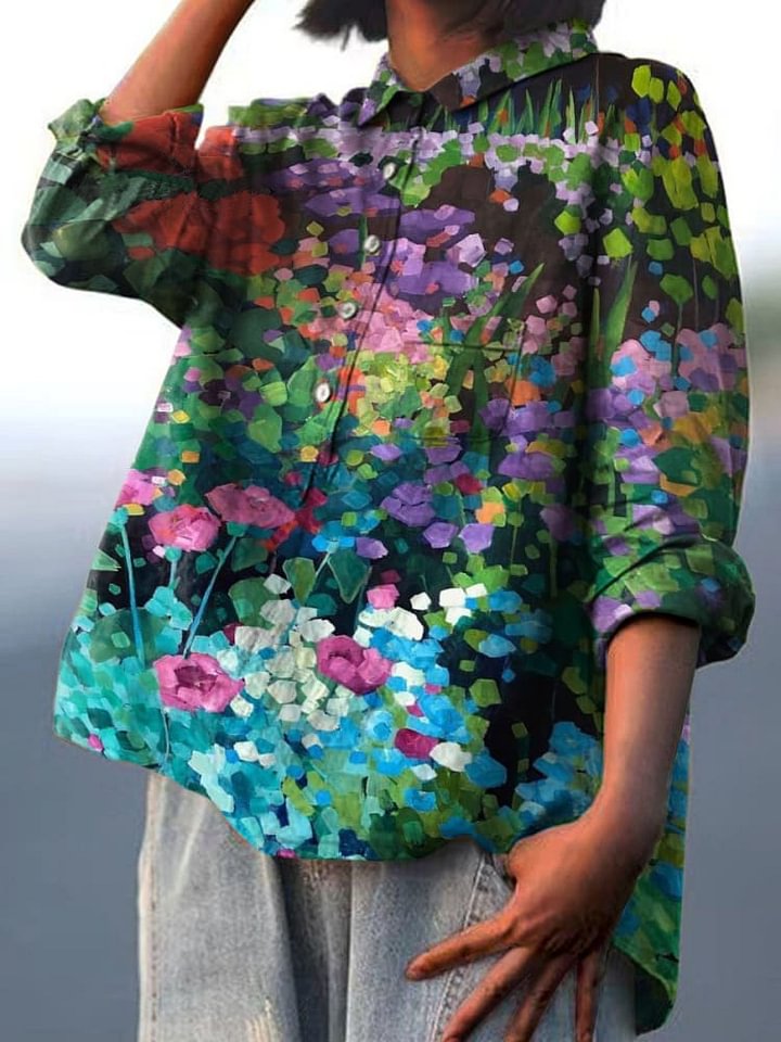Oil Painting Garden Decorative Pattern Casual Cotton And Linen Shirt