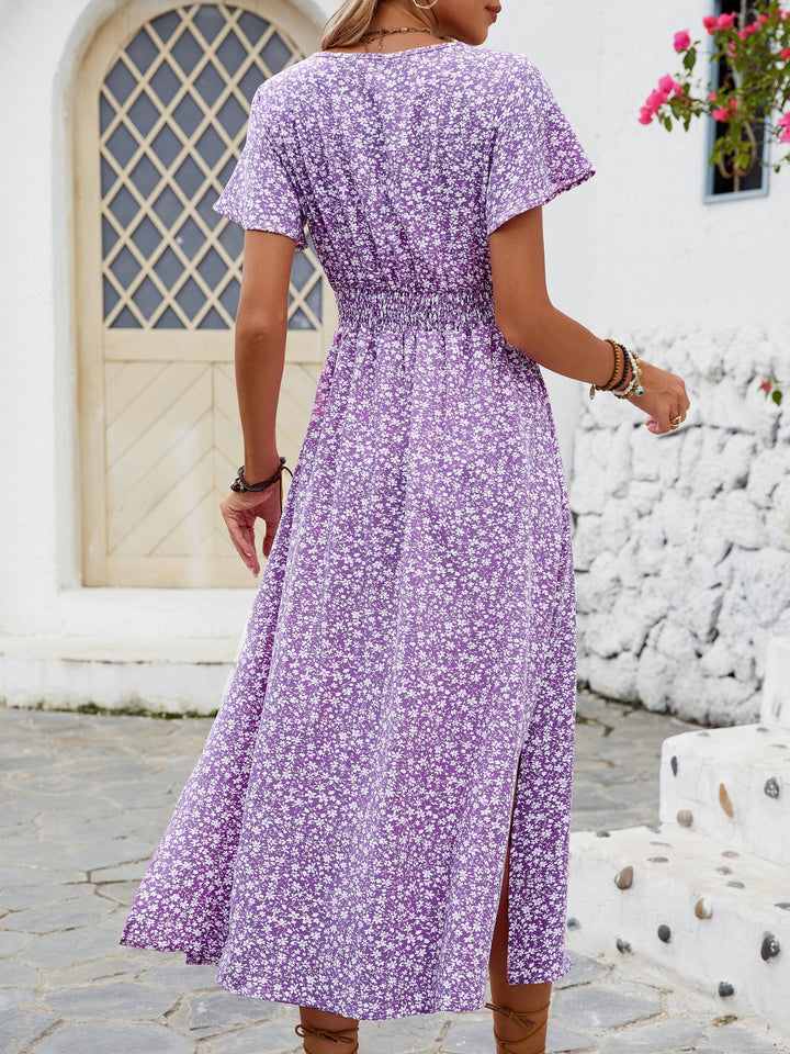 Women's Floral Printed Butterfly Sleeve Thigh-High Slit Dress