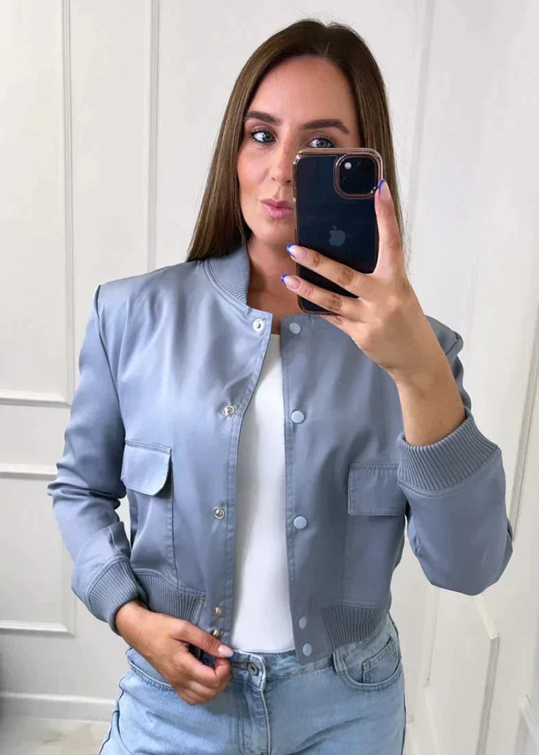 Women's navy bomber jacket for a chic casual look