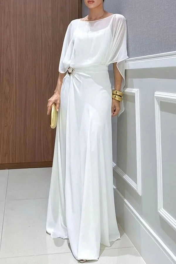 Vivian Chiffon Cape Top and Metal Buckle Wrap Wide-Leg Pants Set