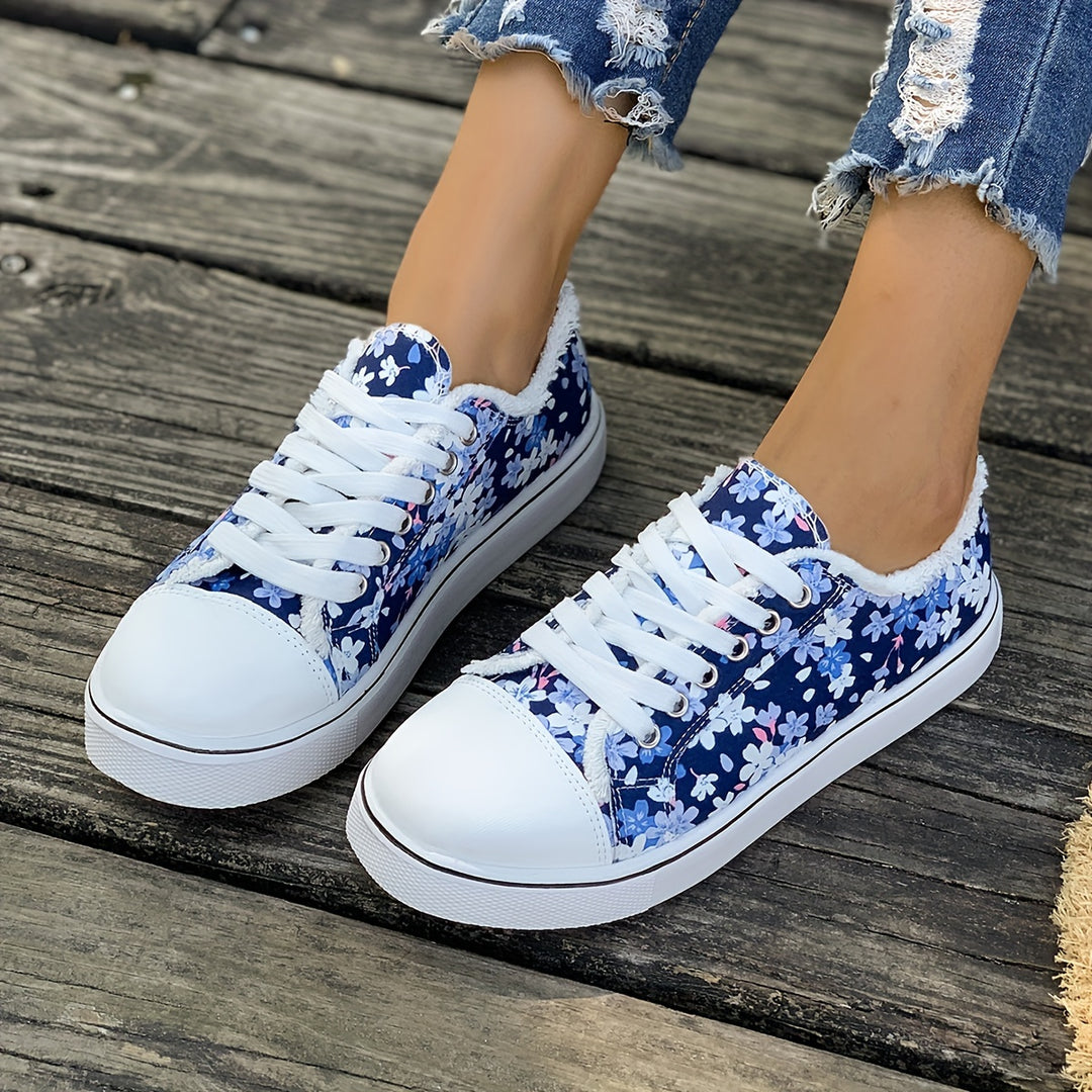 Women's Floral Printed Slip On Lace Up Canvas Sneakers