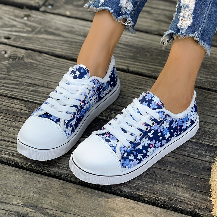 Women's Floral Printed Slip On Lace Up Canvas Sneakers