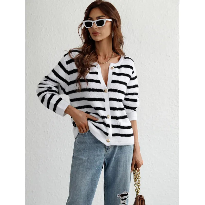 Women's striped button-up cardigan for a classic casual look