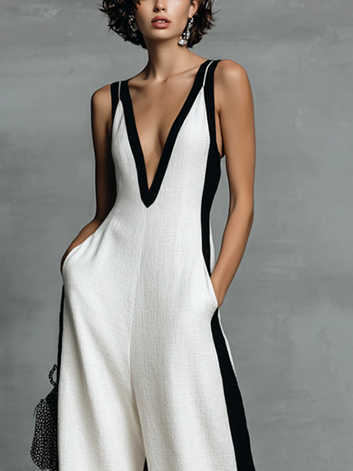 Black-White Color Block Spaghetti Strap Jumpsuit