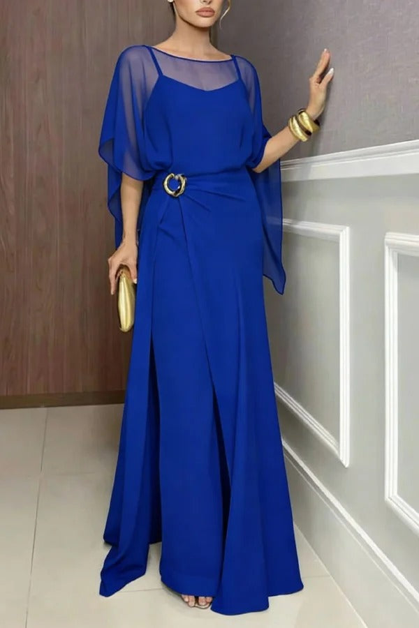 Vivian Chiffon Cape Top and Metal Buckle Wrap Wide-Leg Pants Set