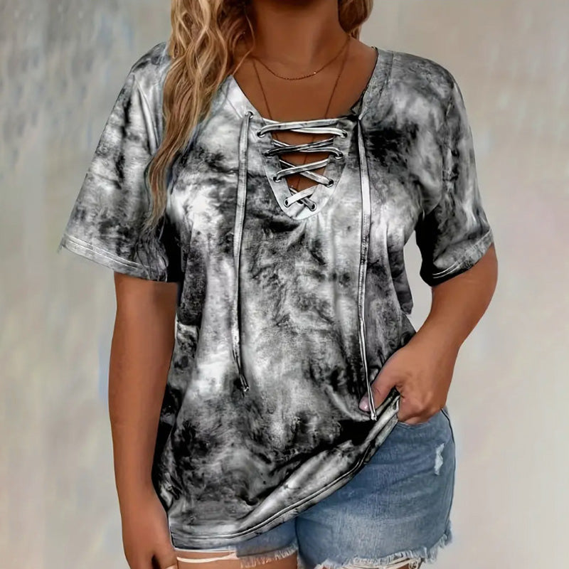 Women's Loose Tie-Dye Top with Tie
