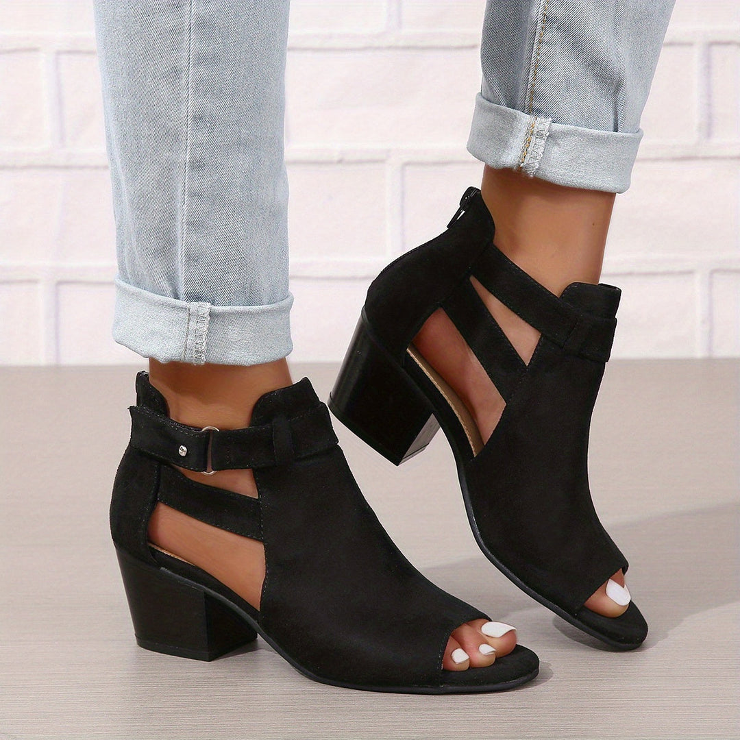 Isabel - Women’s Heeled Sandals – Open Toe – Block Heel – Cutout Ankle Boot Style