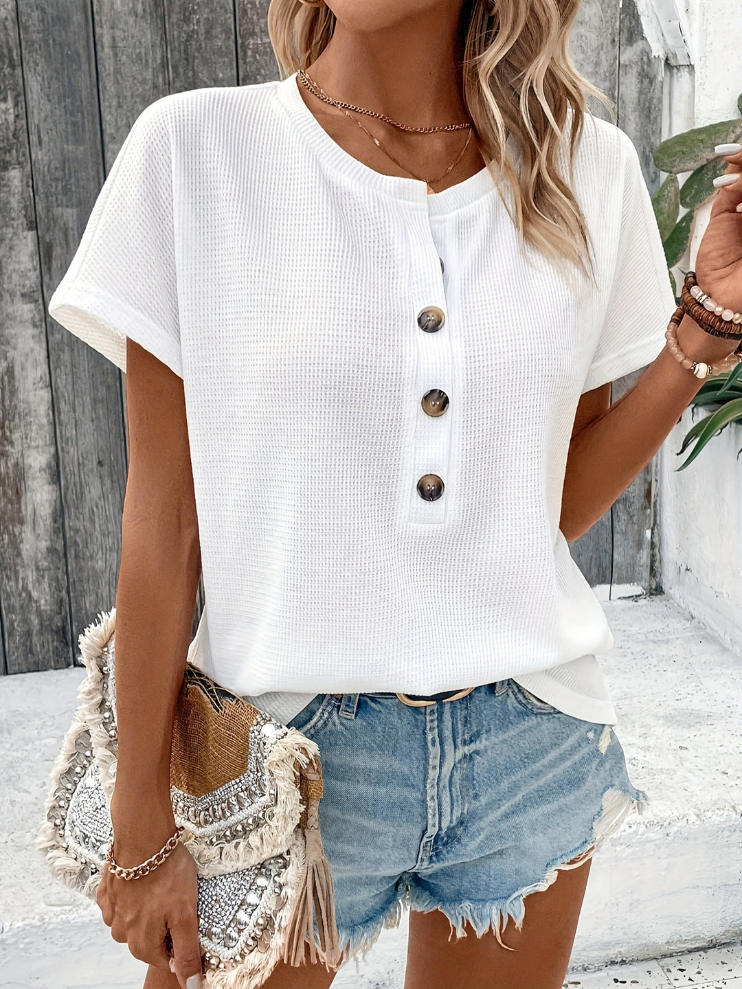 Women's Button Up V-Neck Batwing Short-Sleeved T-Shirt