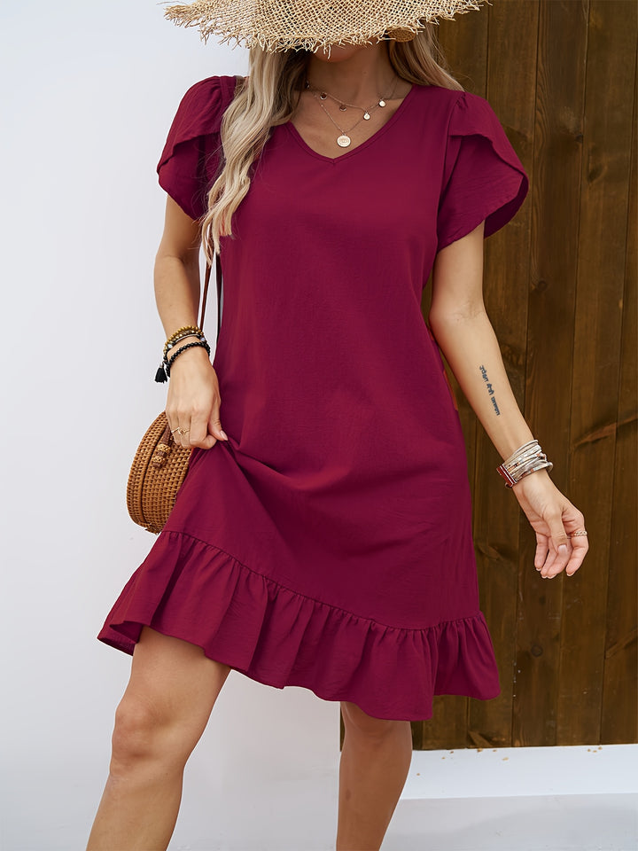Women's V-Neck Shell Sleeve Ruffle Dress
