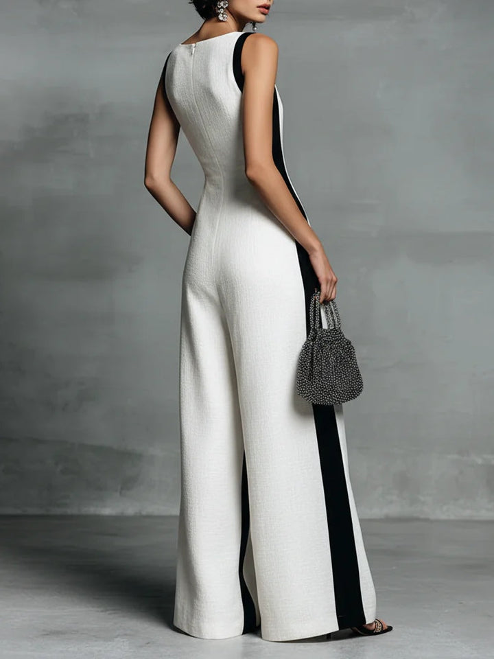 Black-White Color Block Spaghetti Strap Jumpsuit