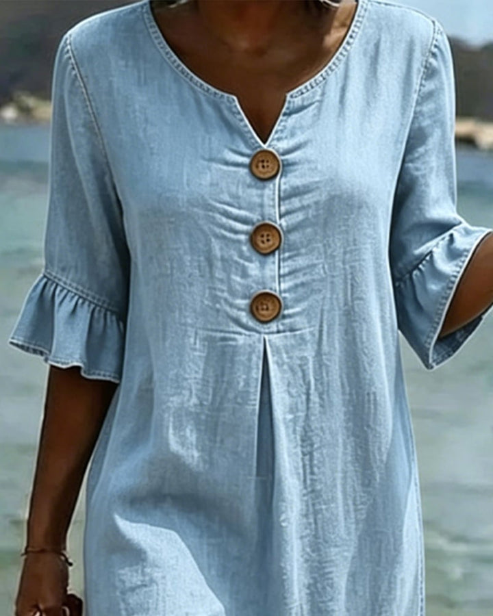 Aislinn | Denim Ruffle Sleeve A-Line Dress