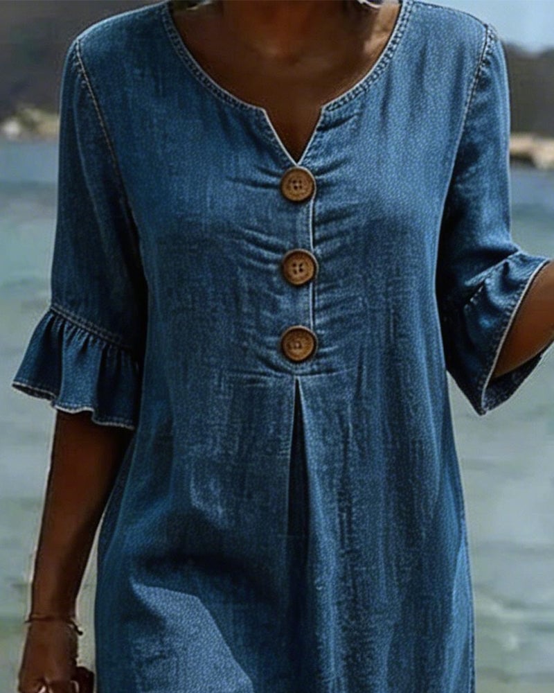 Aislinn | Denim Ruffle Sleeve A-Line Dress