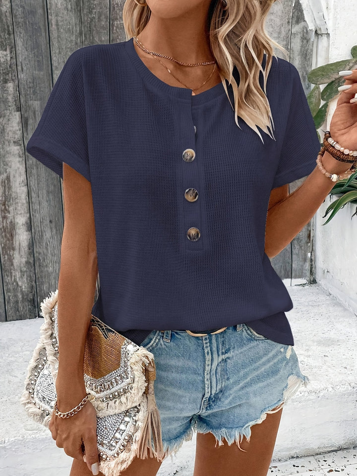 Women's Button Up V-Neck Batwing Short-Sleeved T-Shirt
