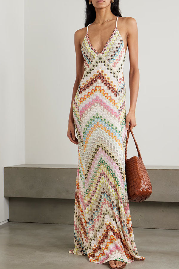 Colorful Knit Herringbone Open-Back Maxi Dress