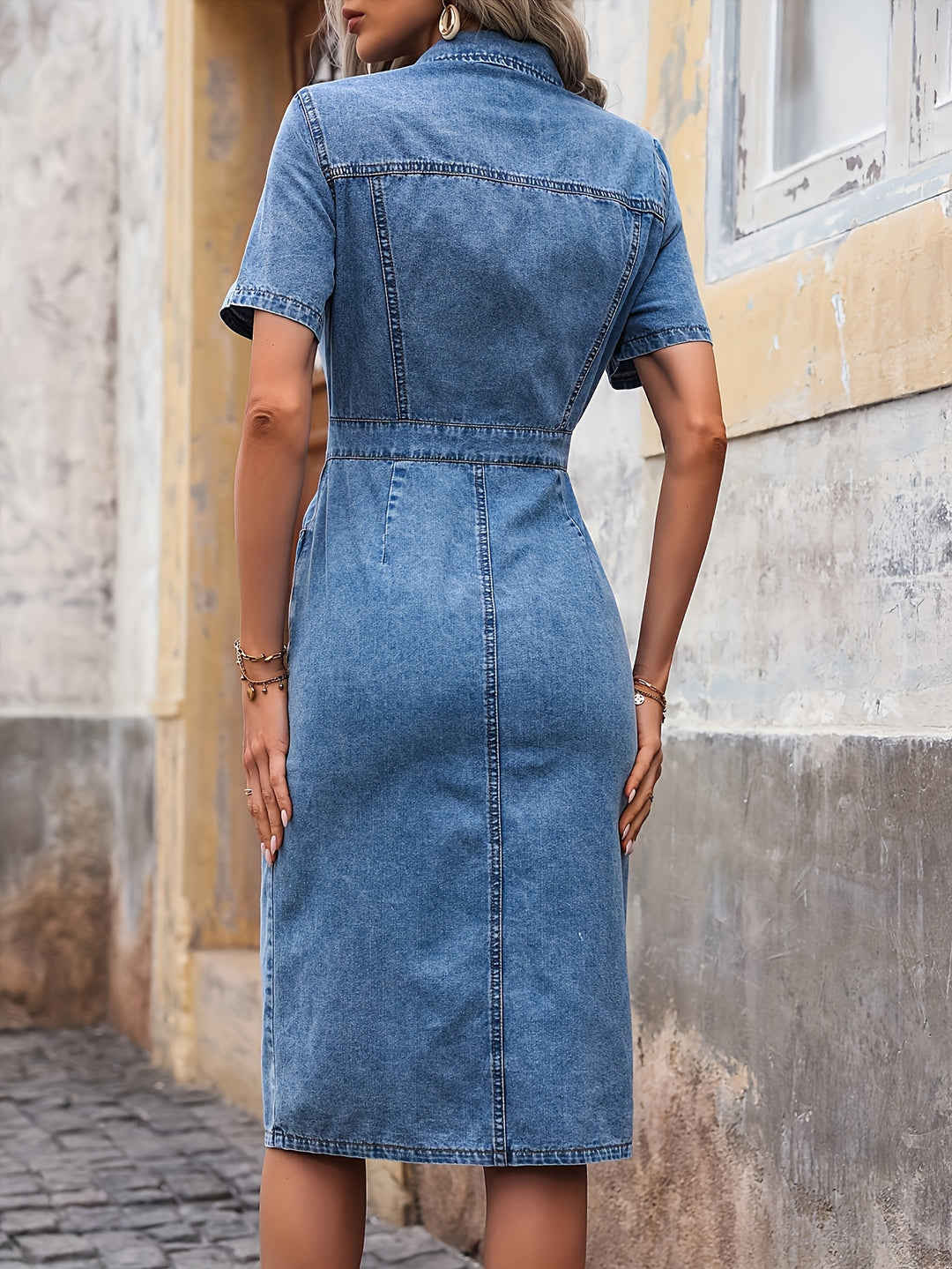 Women's Casual Short Sleeve Mid-Length Denim Dress
