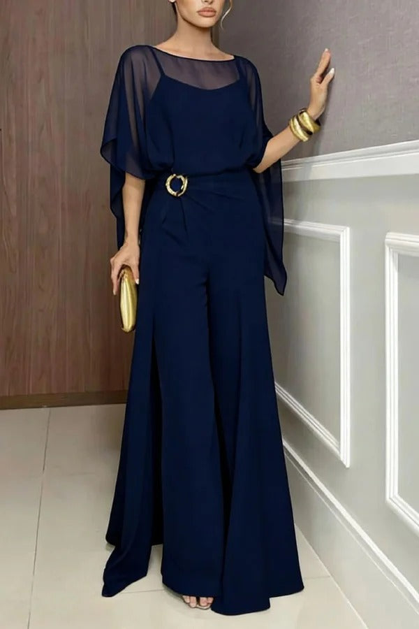 Vivian Chiffon Cape Top and Metal Buckle Wrap Wide-Leg Pants Set