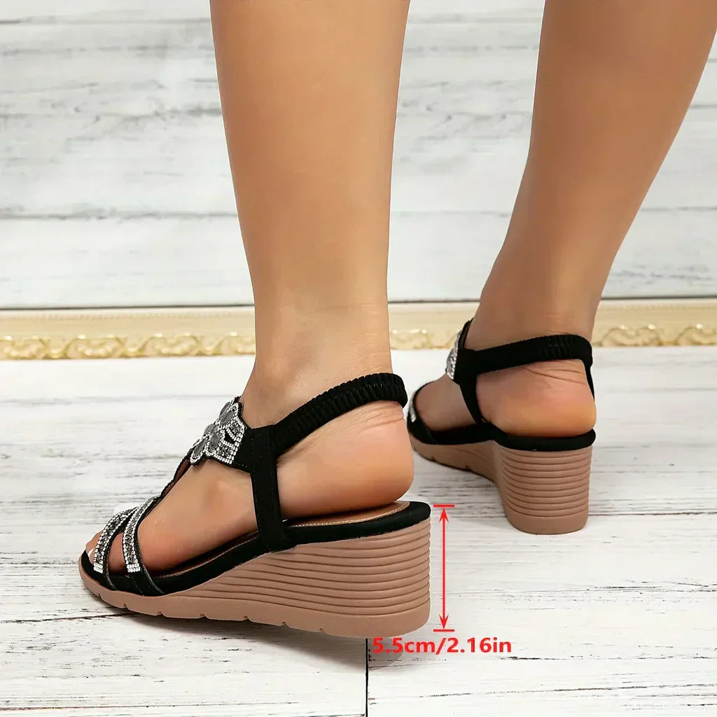 CRISTINA – Women’s Wedge Sandals with Floral Rhinestones
