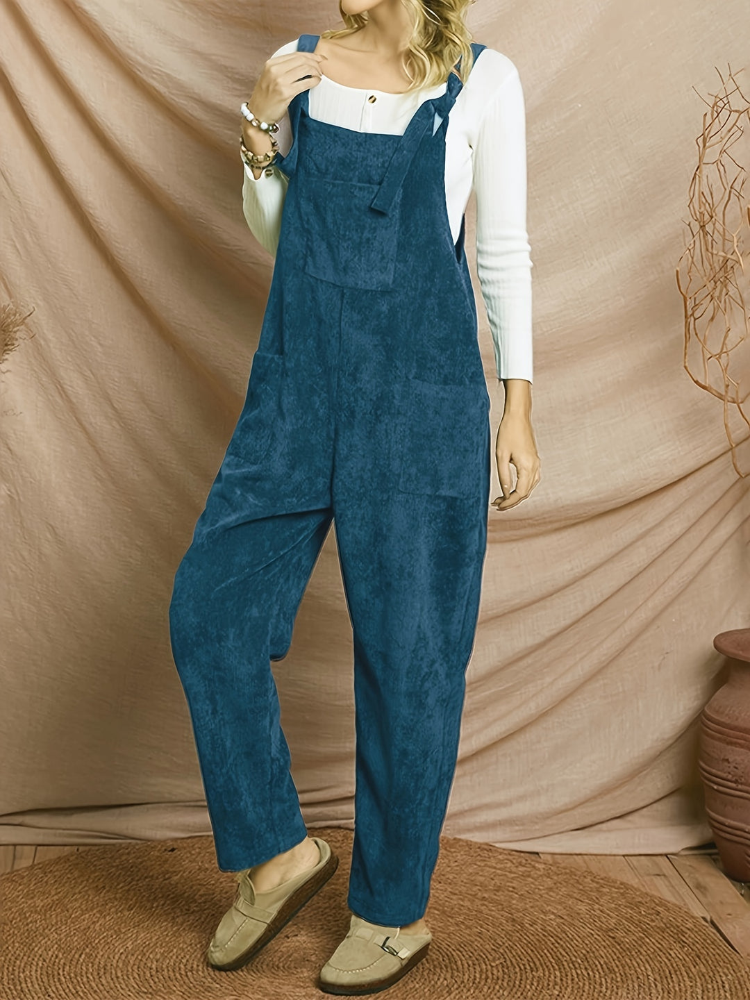 Women's Loose-Fit Corduroy Jumpsuit with Multiple Pockets
