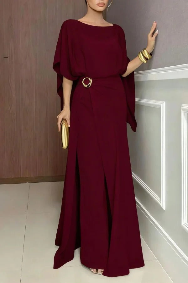 Vivian Chiffon Cape Top and Metal Buckle Wrap Wide-Leg Pants Set