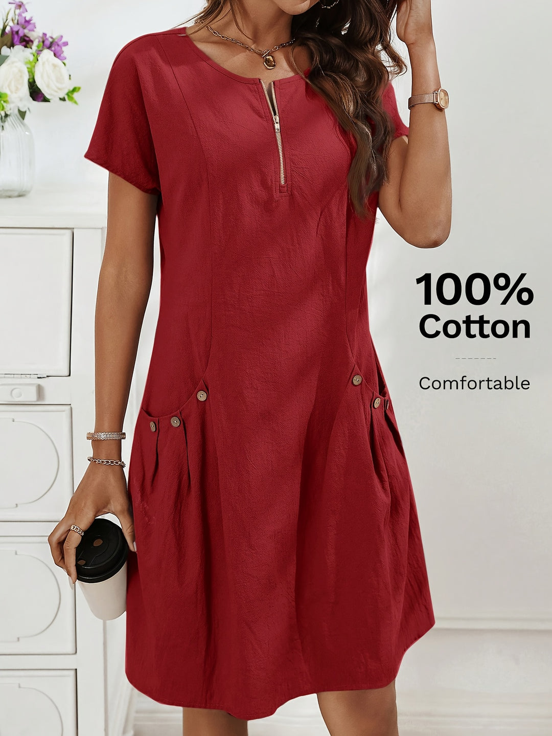 Women's Zipper Double-Pocket Summer Casual Dress