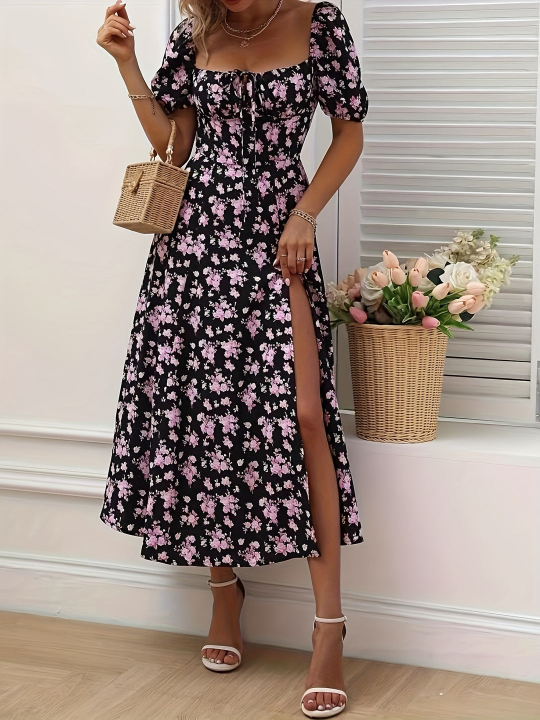 Women's Slit Floral Printed Summer Dress