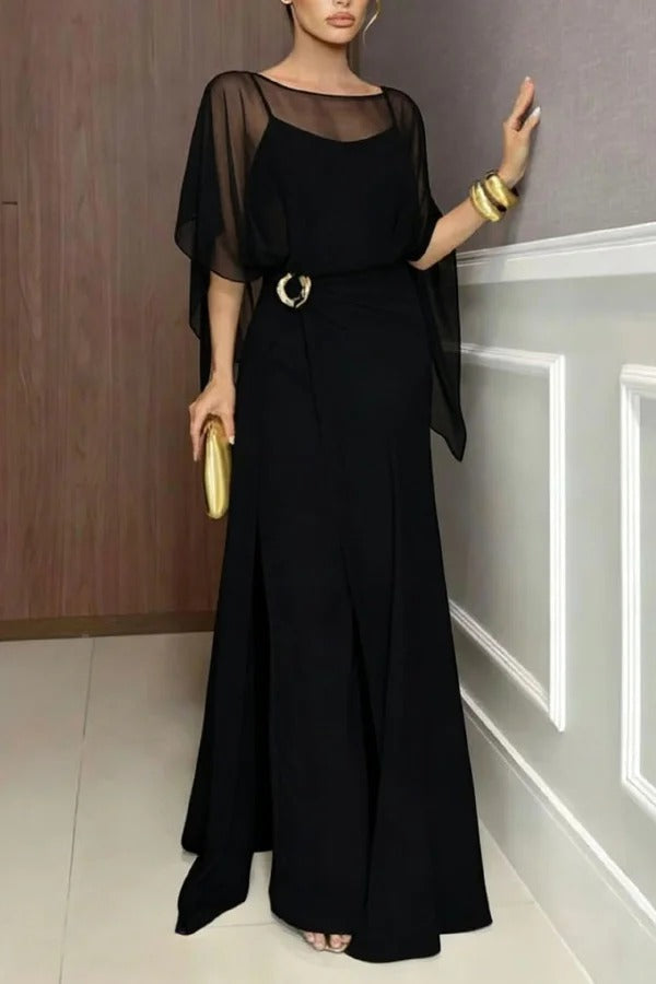 Vivian Chiffon Cape Top and Metal Buckle Wrap Wide-Leg Pants Set