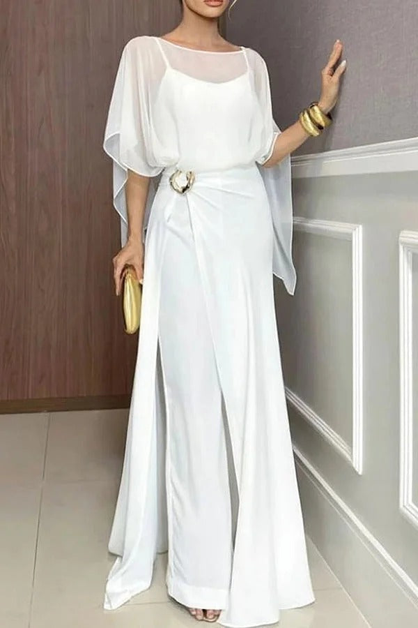 Vivian Chiffon Cape Top and Metal Buckle Wrap Wide-Leg Pants Set