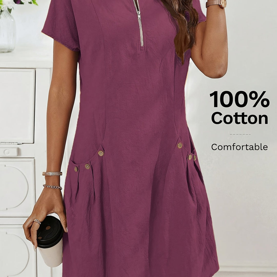 Women's Zipper Double-Pocket Summer Casual Dress