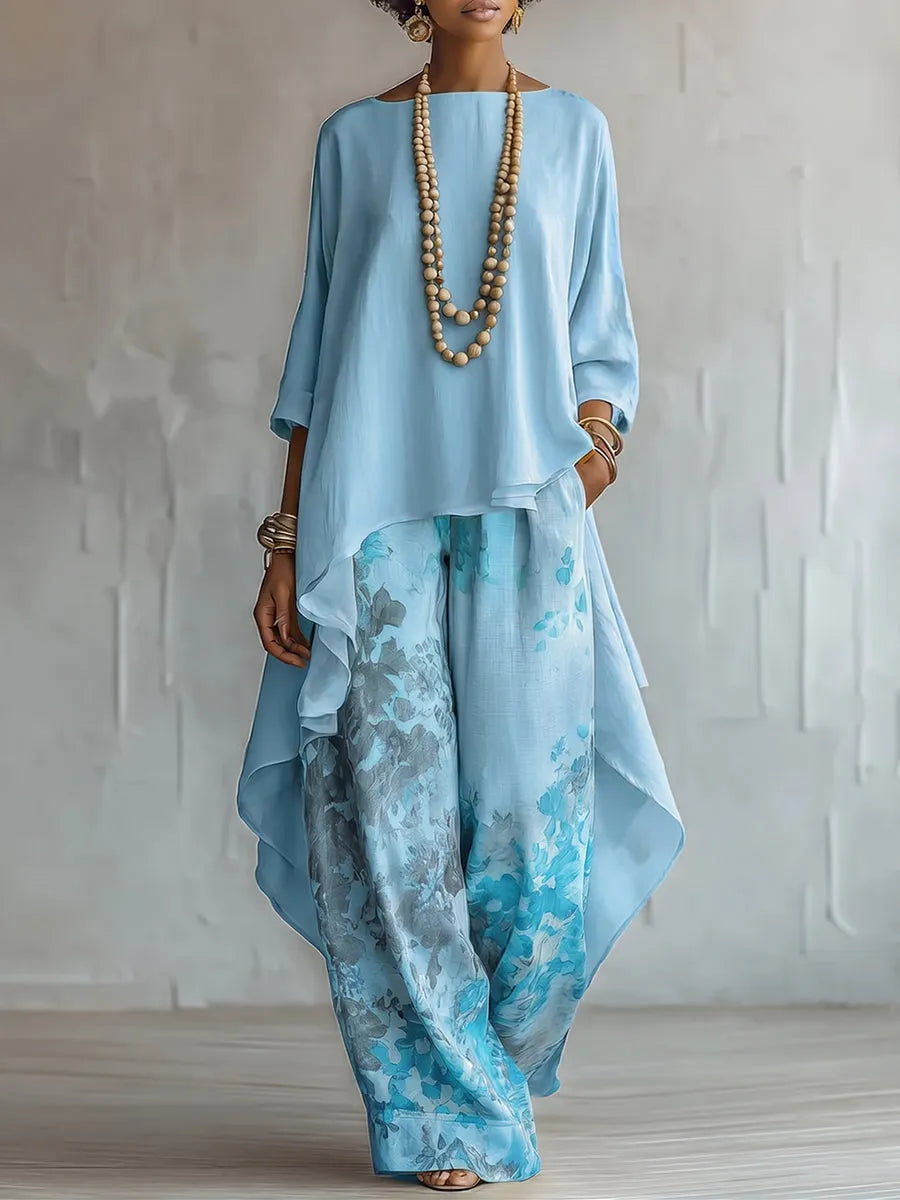 Women's Elegant Artistic Floral Print Two-Piece Set