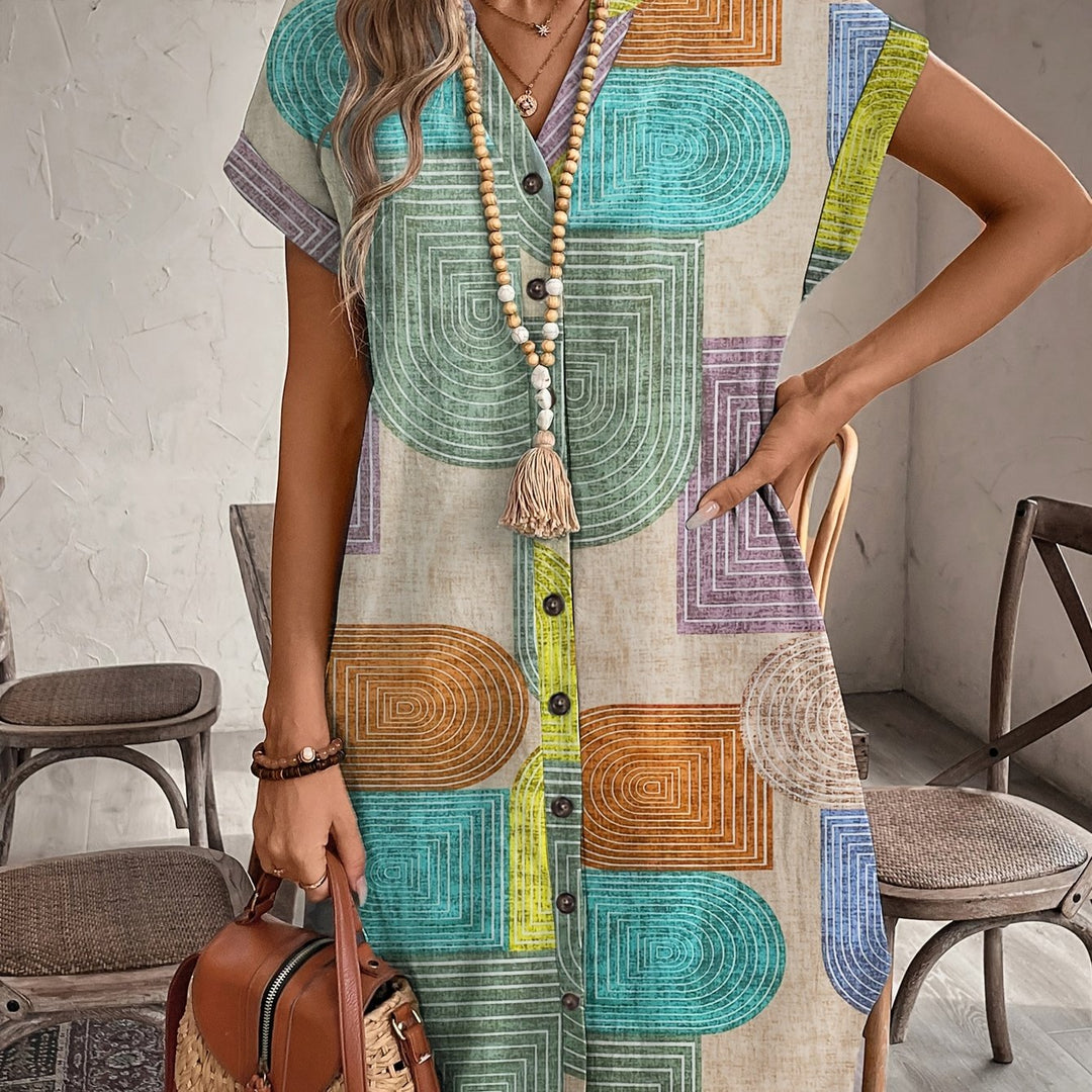 Women's Summer Printed Elegant V-Neck Button Dress
