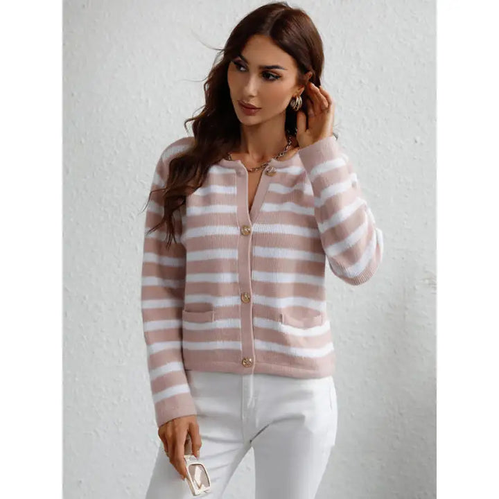 Women's striped button-up cardigan for a classic casual look