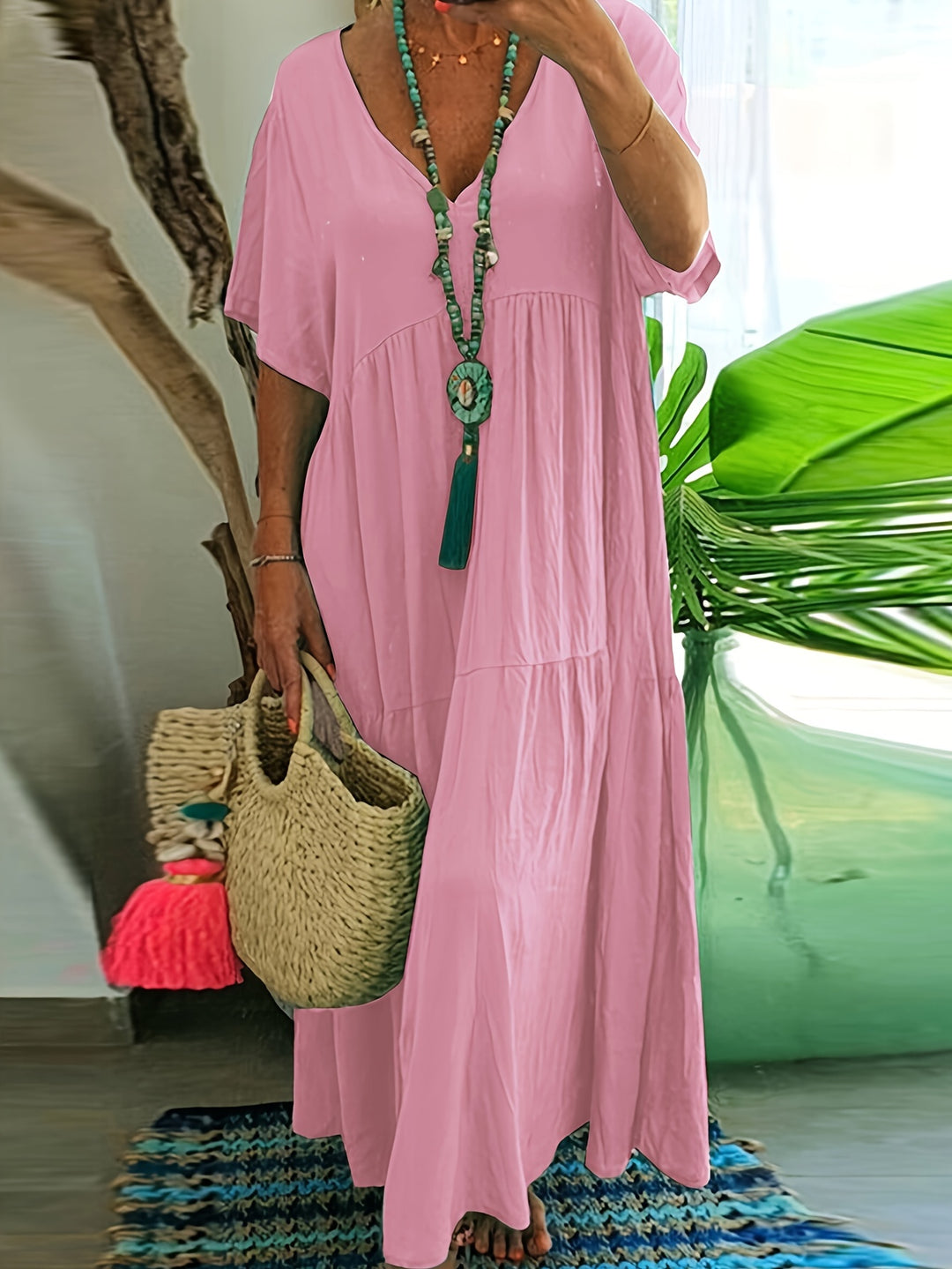 Women's Plus Size A-Line Pleated Short Sleeve Dress