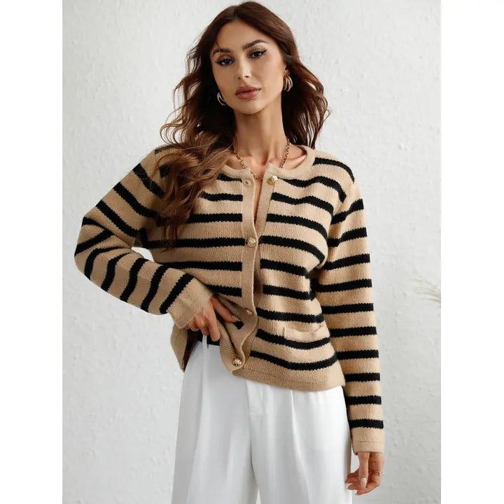 Women's striped button-up cardigan for a classic casual look