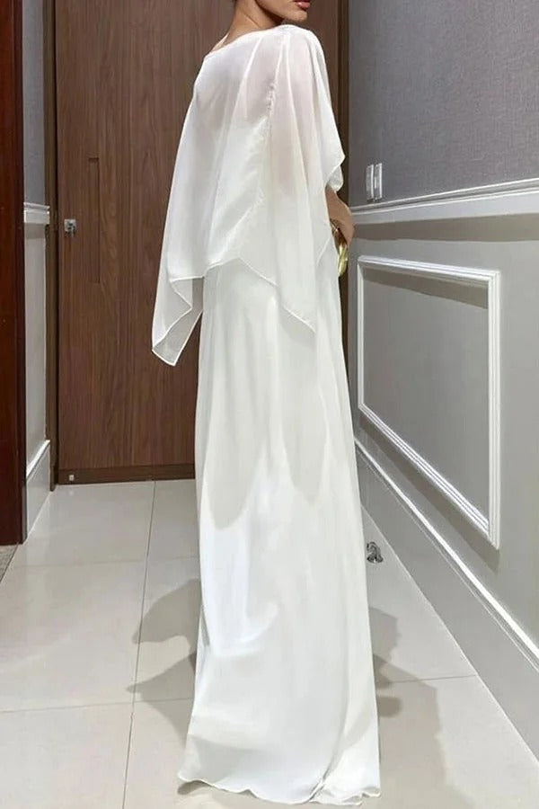 Vivian Chiffon Cape Top and Metal Buckle Wrap Wide-Leg Pants Set