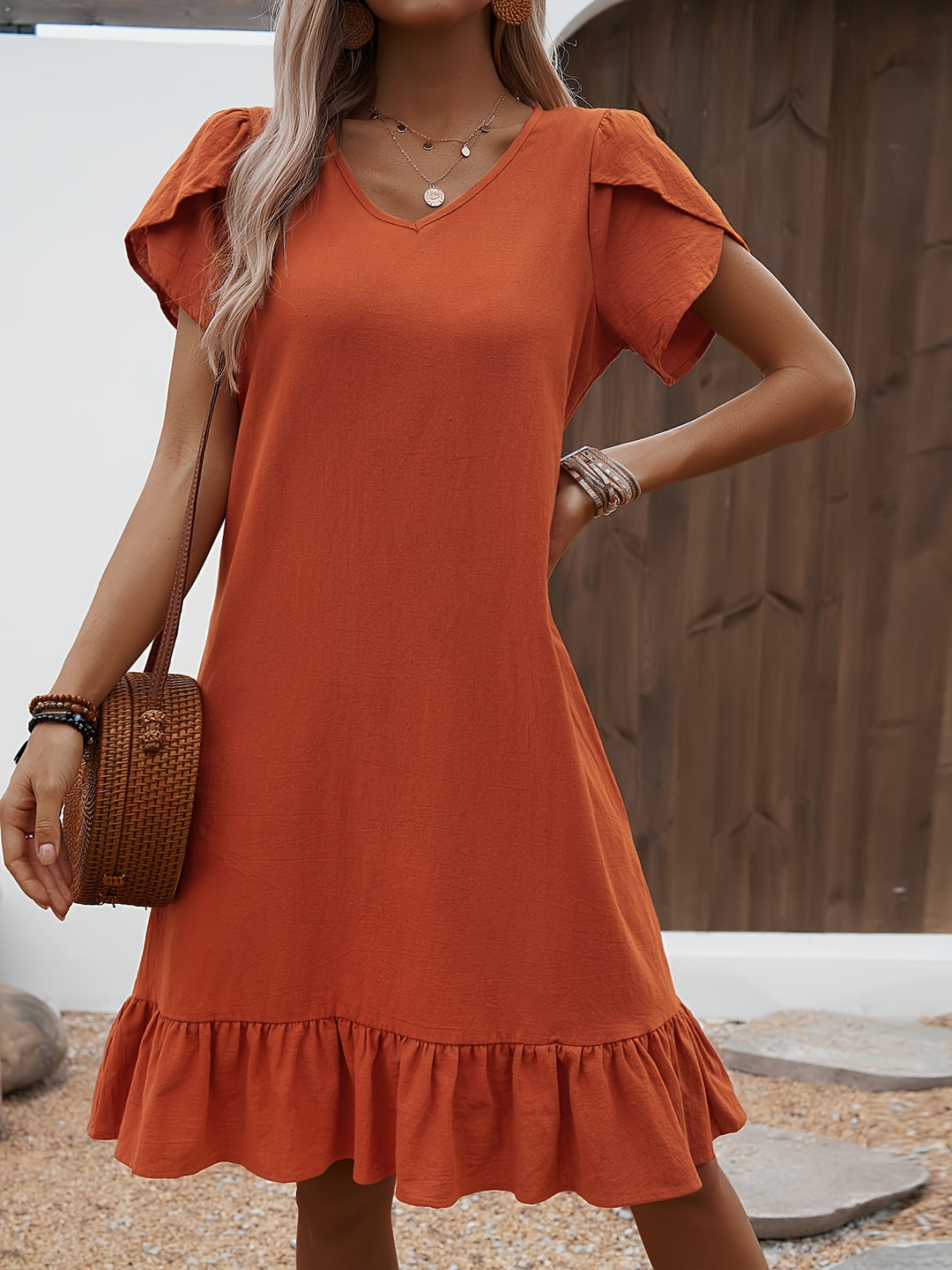 Women's V-Neck Shell Sleeve Ruffle Dress