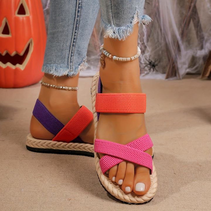 Woven Cross-Strap Adjustable Pull Summer Flat Sandals