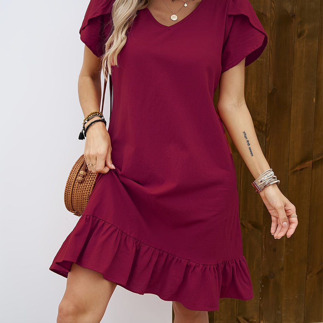 Women's V-Neck Shell Sleeve Ruffle Dress