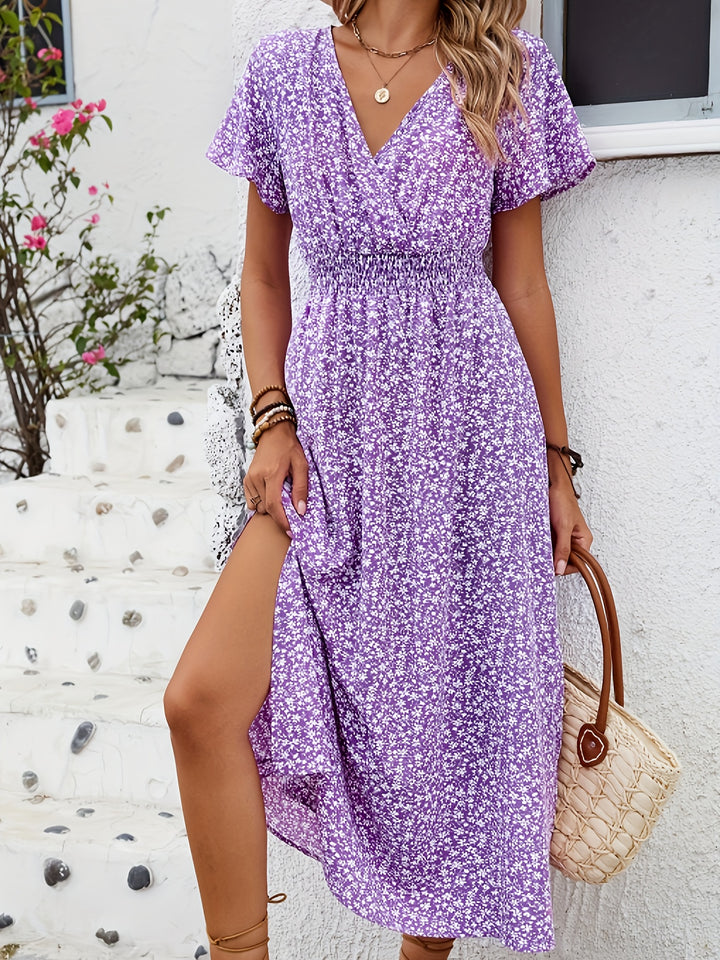 Women's Floral Printed Butterfly Sleeve Thigh-High Slit Dress