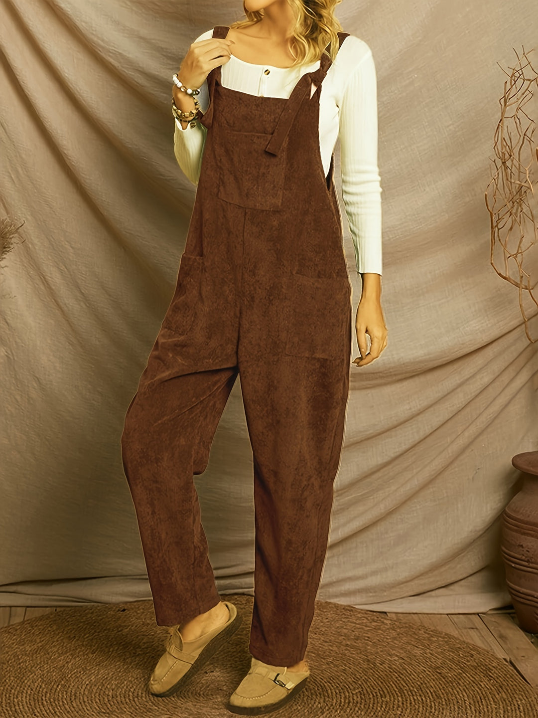 Women's Loose-Fit Corduroy Jumpsuit with Multiple Pockets