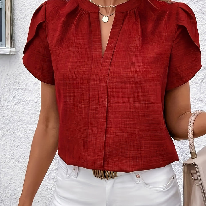 Women's Petal Sleeve Notched V-Neck Blouse