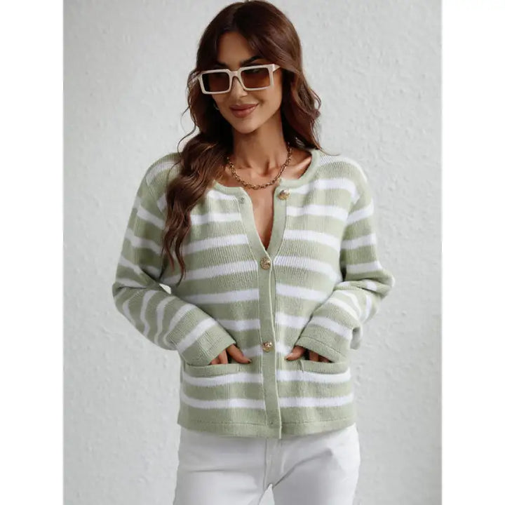 Women's striped button-up cardigan for a classic casual look