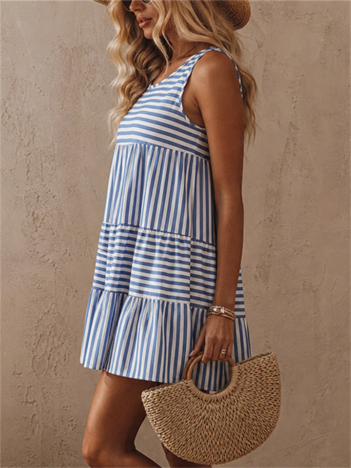Women's Summer Boho Striped Sleeveless Tiered Mini Beach Sundress