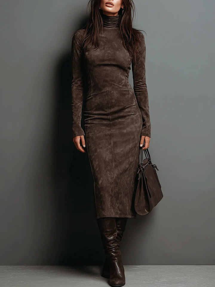 Lorena | Women's Fitted High Collar Suede Midi Dress