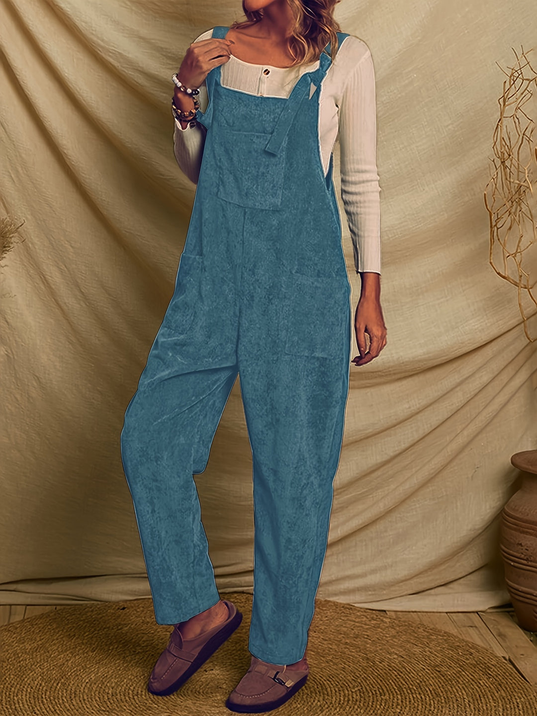 Women's Loose-Fit Corduroy Jumpsuit with Multiple Pockets
