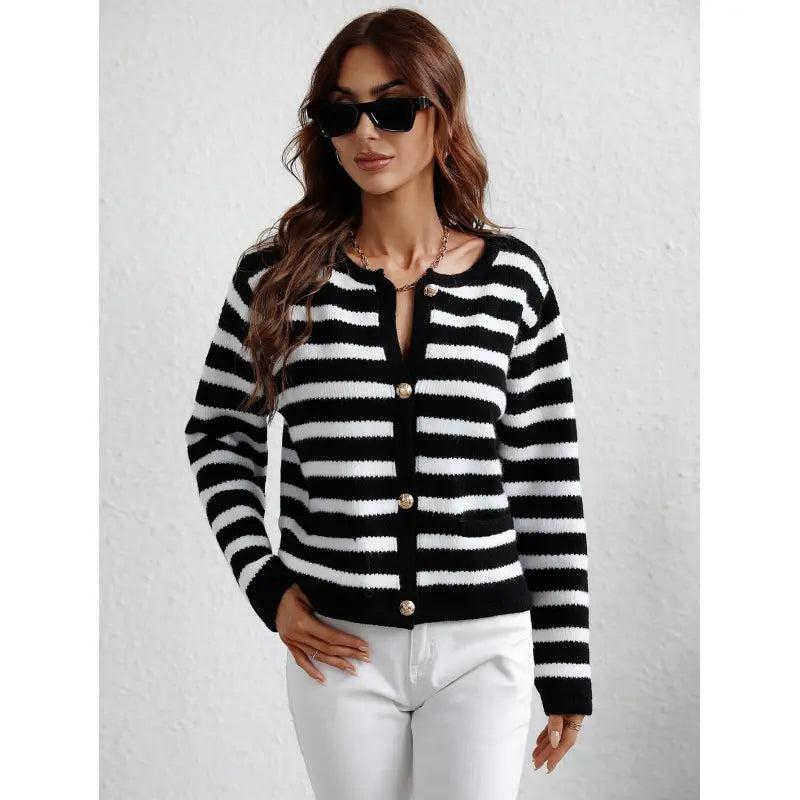 Women's striped button-up cardigan for a classic casual look